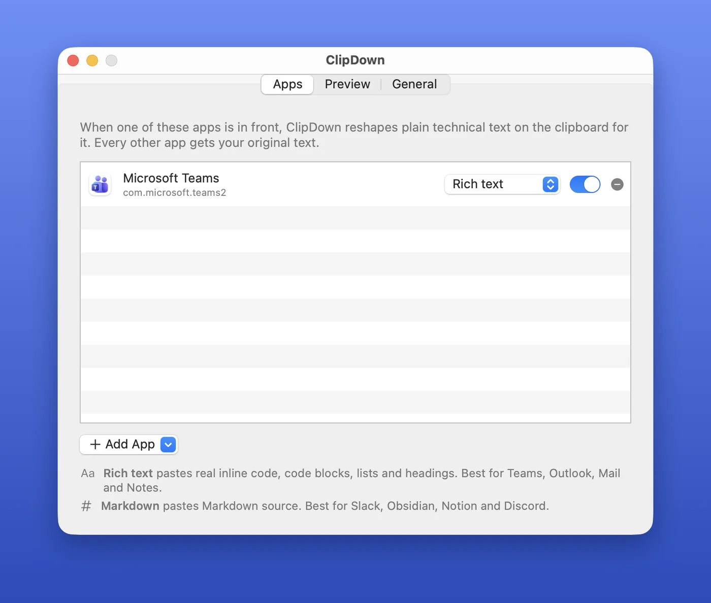 ClipDown's Apps tab: Microsoft Teams set to Rich text, with an Add App button and notes on Rich text and Markdown.