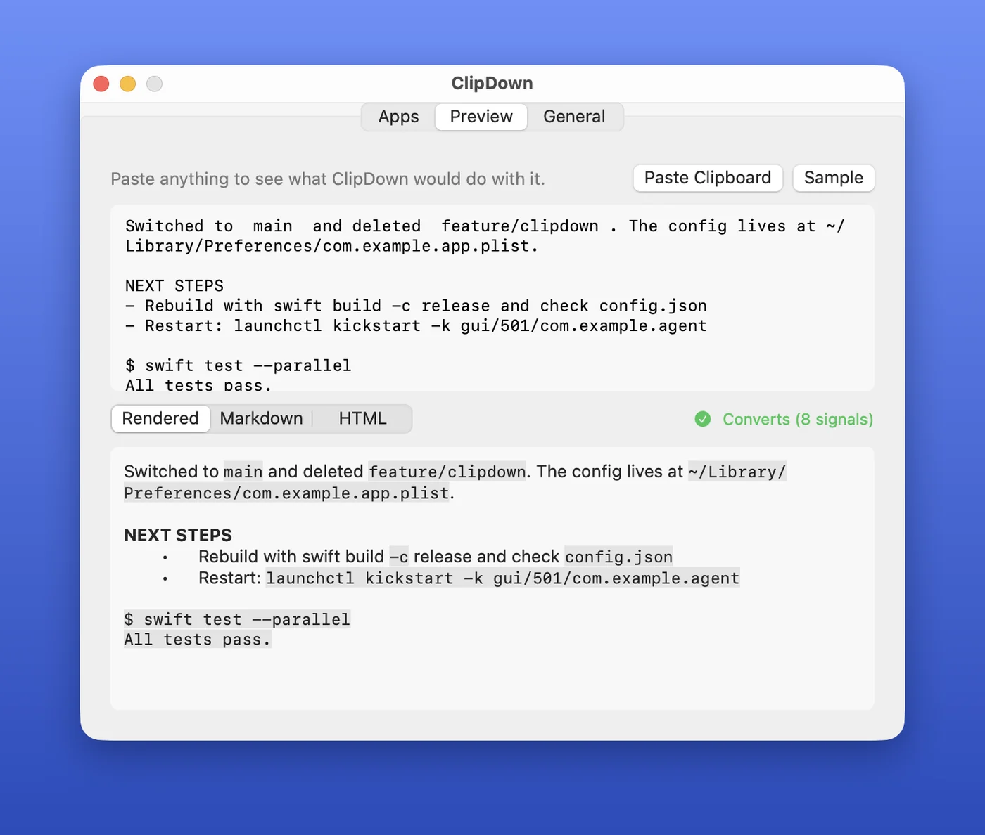 ClipDown's Preview tab: terminal output on top, the same text below with real inline code, a heading, a list and a code block.