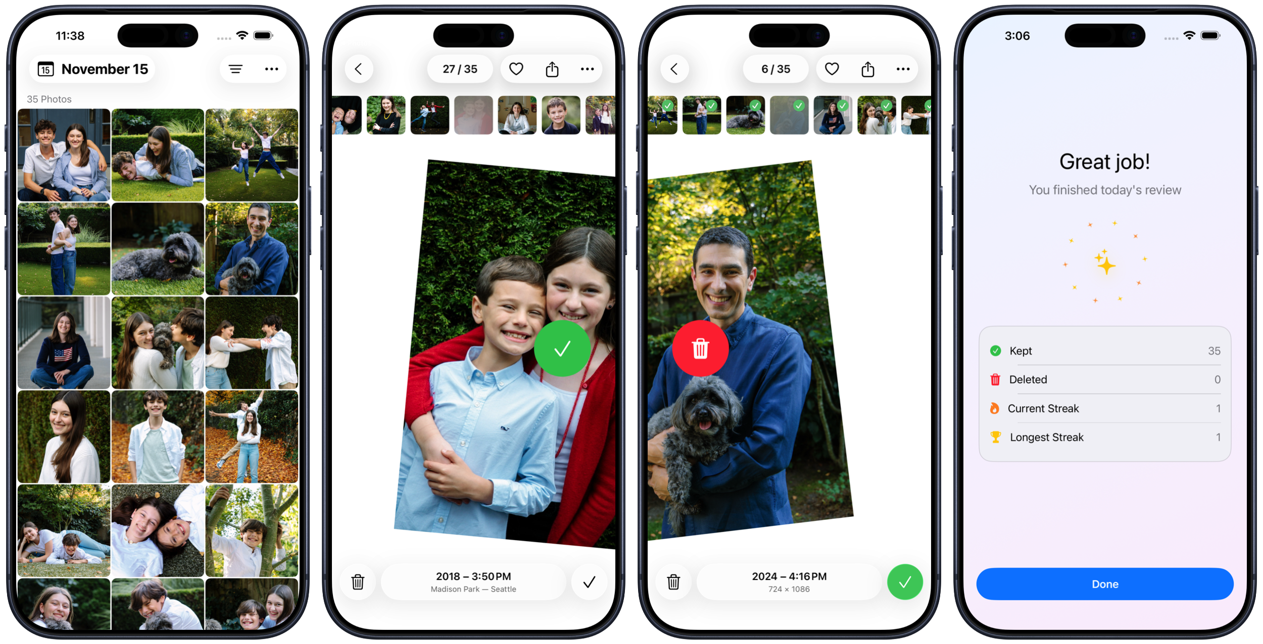 On This Day app screenshots showing photo review interface